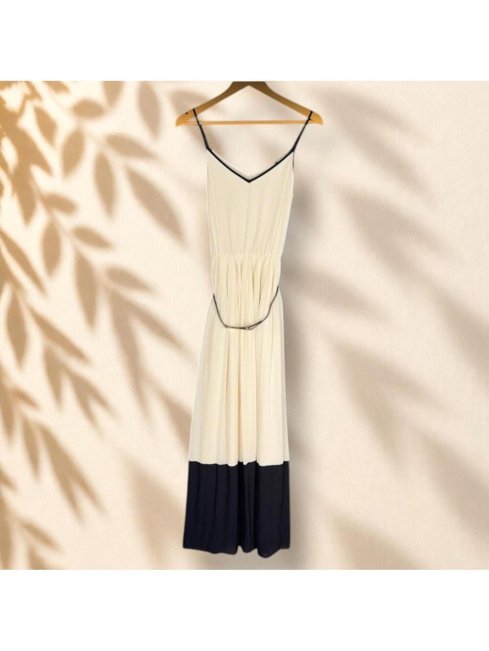 Oasis Dress Women 8 Beige Maxi Long Belted V-Neck Sleeveless Lined Casual